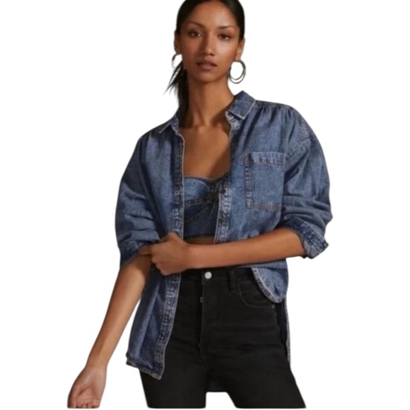 Anthropologie Tops - Anthropologie Pilcro Denim Button Down Shirt Oversized Long Sleeve Women XS